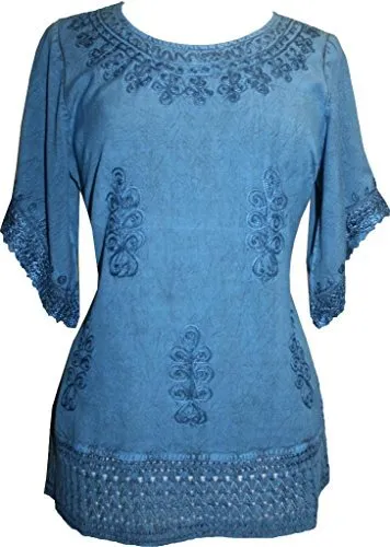 143 B Round Neck Net Hem Relax Peasant Gypsy Ari Lace Top Blouse