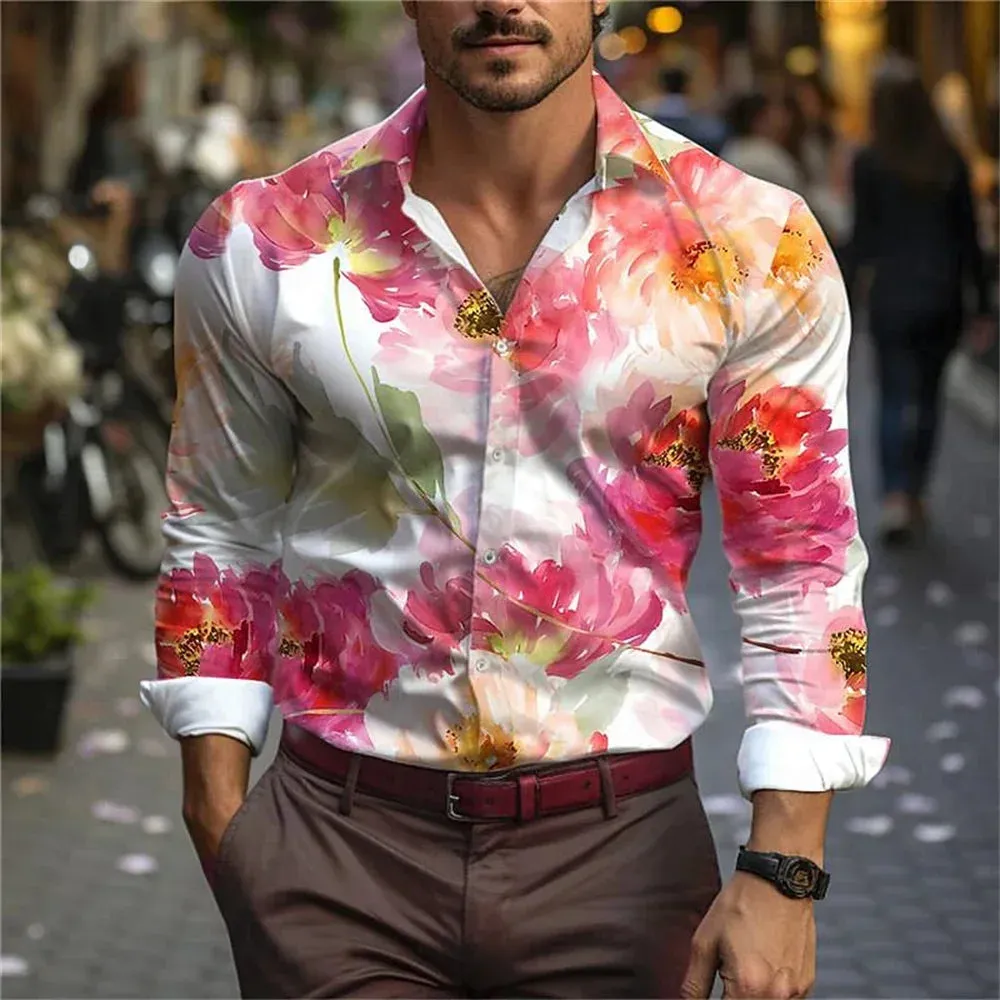2024 New men's casual 3D printed leaf print shirt for daily wear, spring lapel long sleeved button up shirt S-6XL plus size