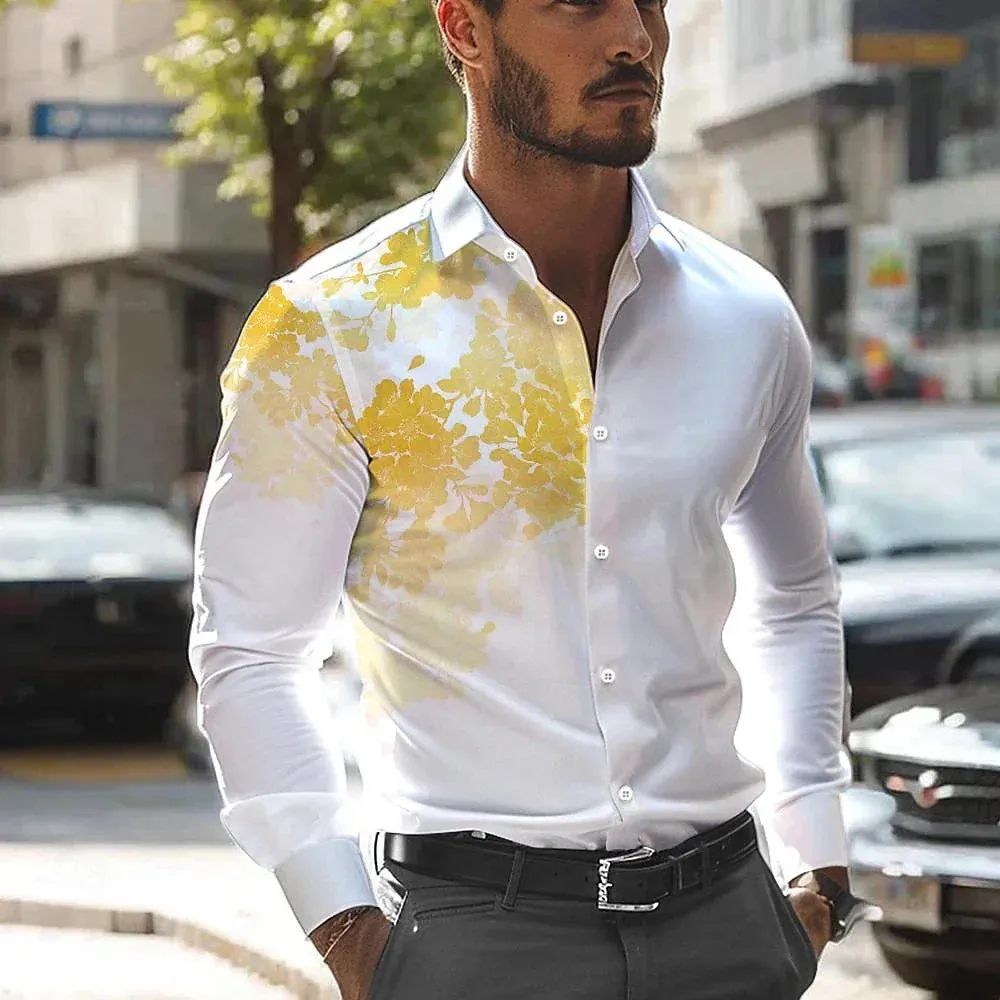 2024 New men's casual 3D printed leaf print shirt for daily wear, spring lapel long sleeved button up shirt S-6XL plus size