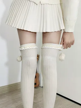 Apricot Sweet Ruffled Cuff Overknee Stockings With Pompons