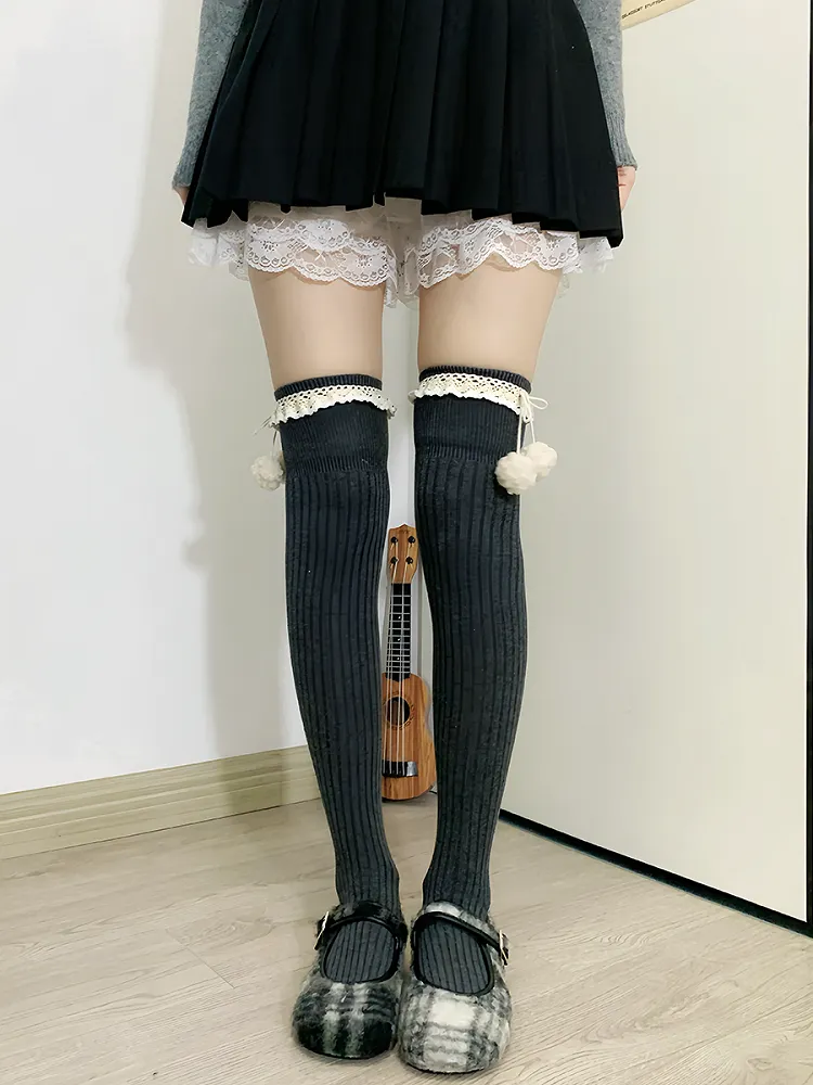 Apricot Sweet Ruffled Cuff Overknee Stockings With Pompons