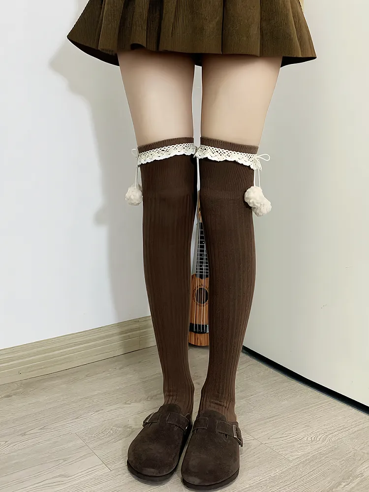 Apricot Sweet Ruffled Cuff Overknee Stockings With Pompons