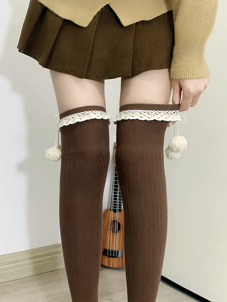 Apricot Sweet Ruffled Cuff Overknee Stockings With Pompons