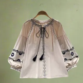 Boho Embroidered Tassel Peasant Blouse