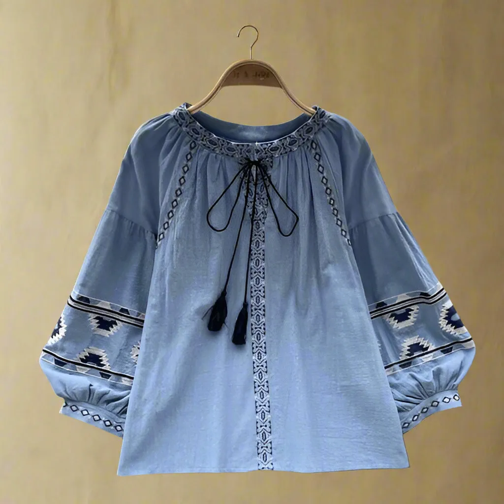 Boho Embroidered Tassel Peasant Blouse