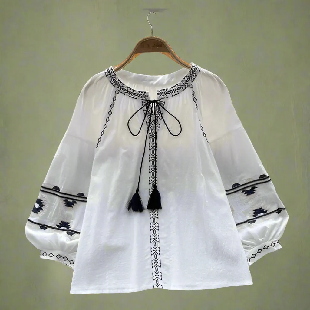 Boho Embroidered Tassel Peasant Blouse