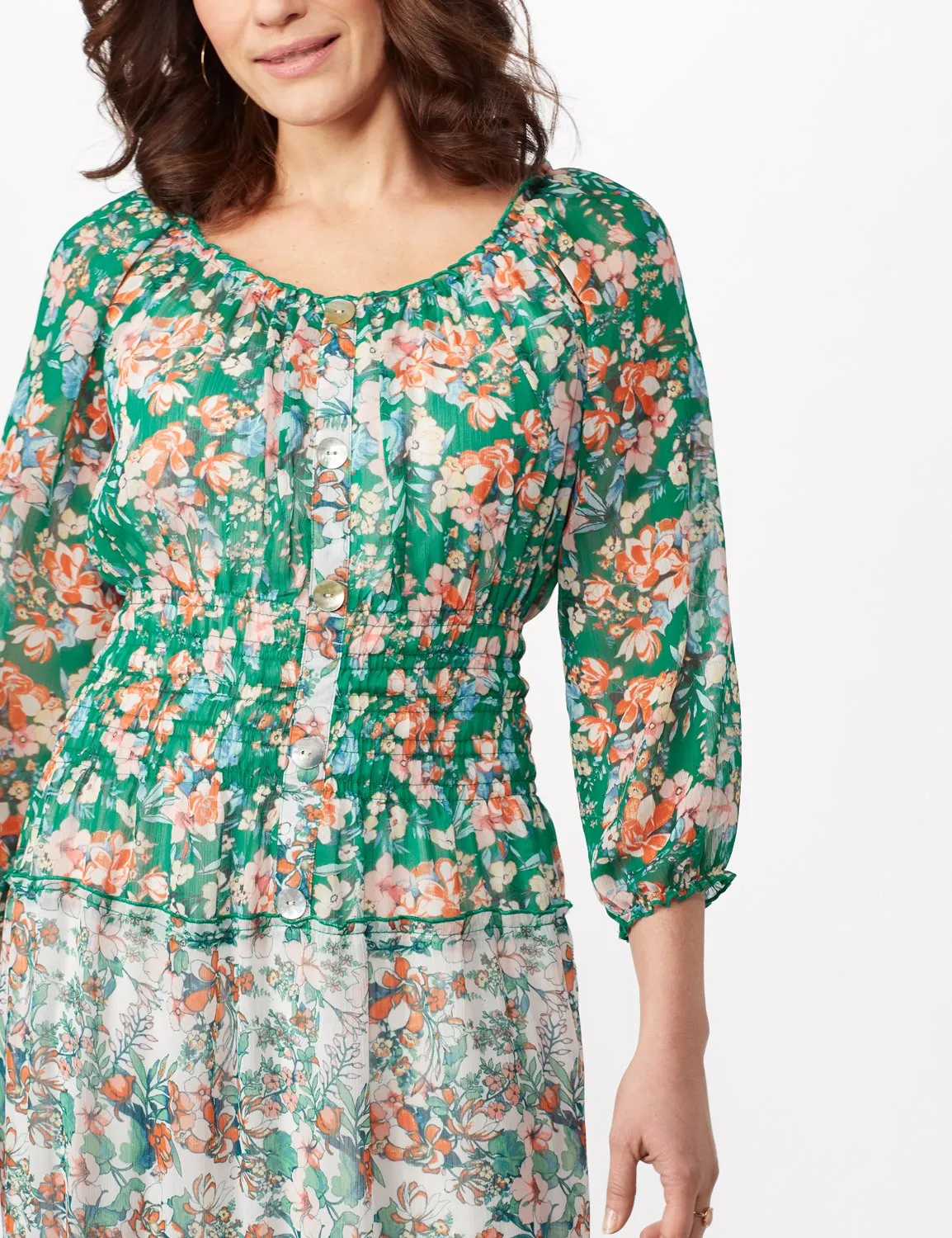 Chiffon Mixed Print Peasant Dress