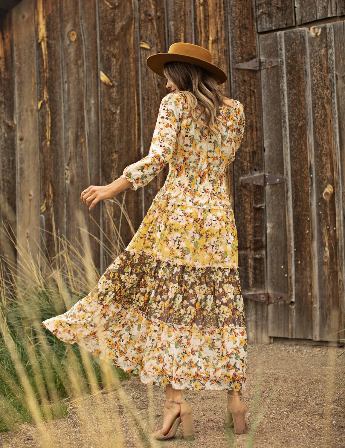Chiffon Mixed Print Peasant Dress