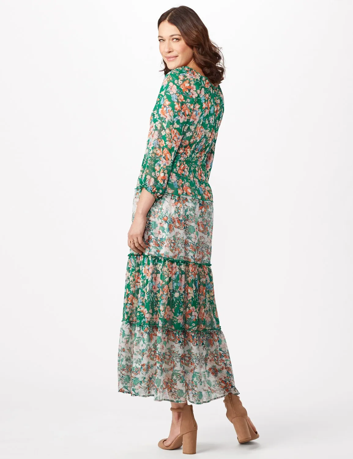 Chiffon Mixed Print Peasant Dress