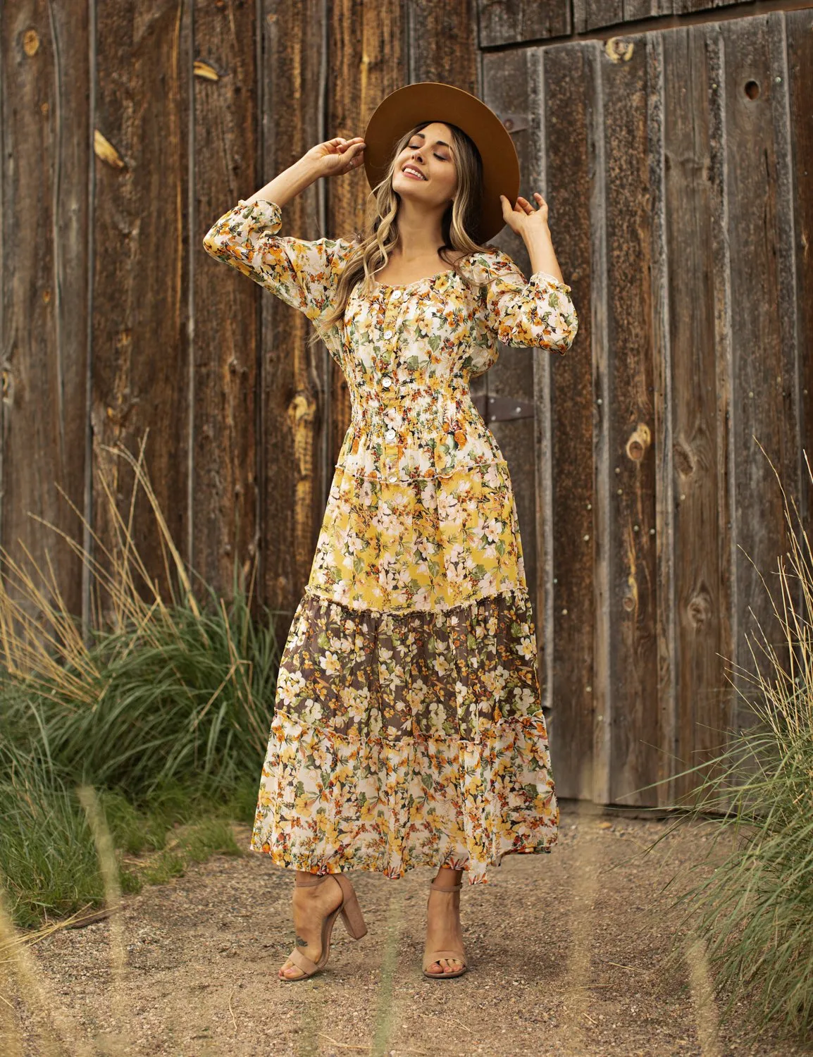 Chiffon Mixed Print Peasant Dress