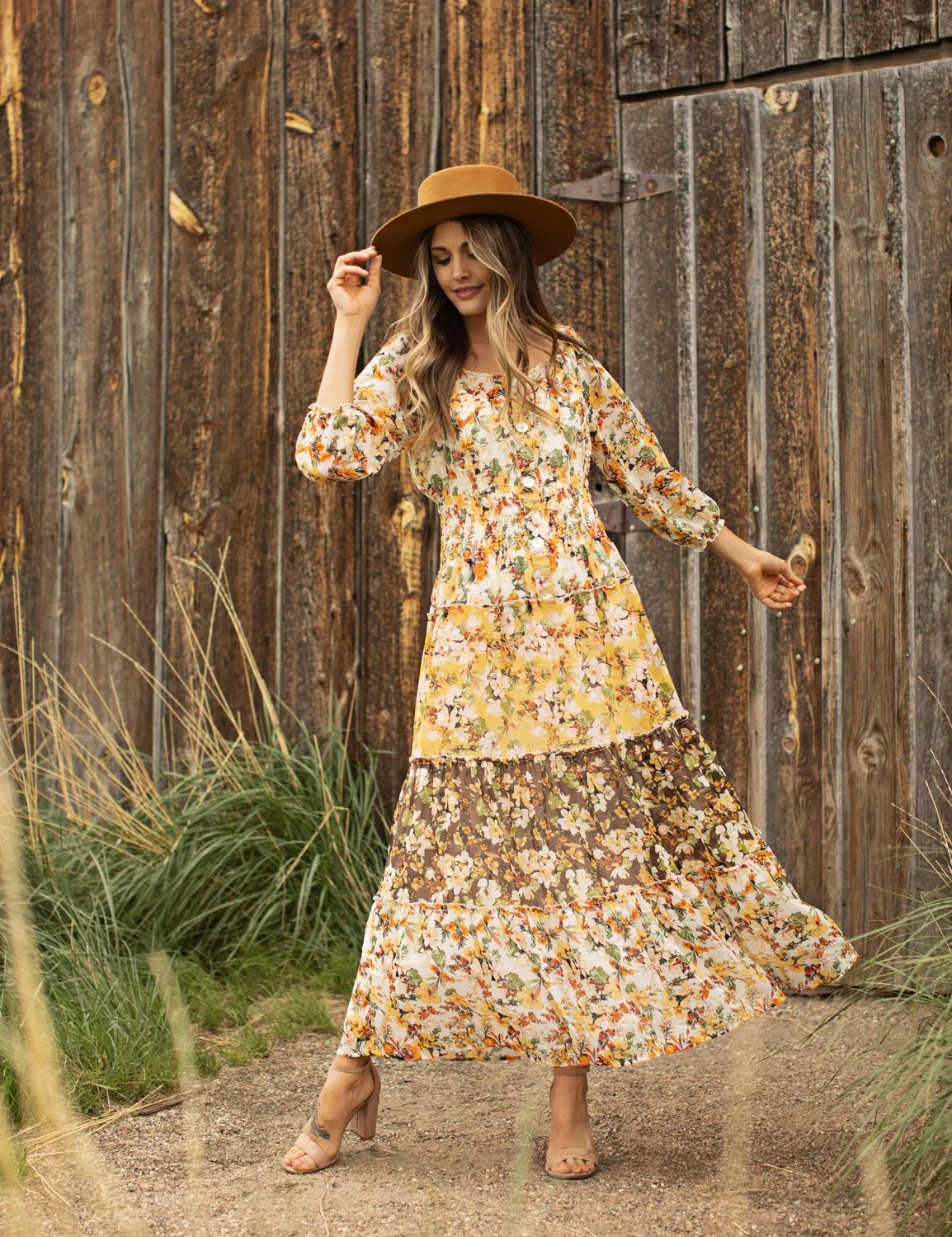 Chiffon Mixed Print Peasant Dress
