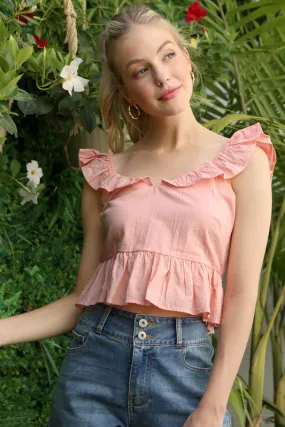 Cute Stylish Open Back Tie Ruffled Trim Flare Fashion Top Pink