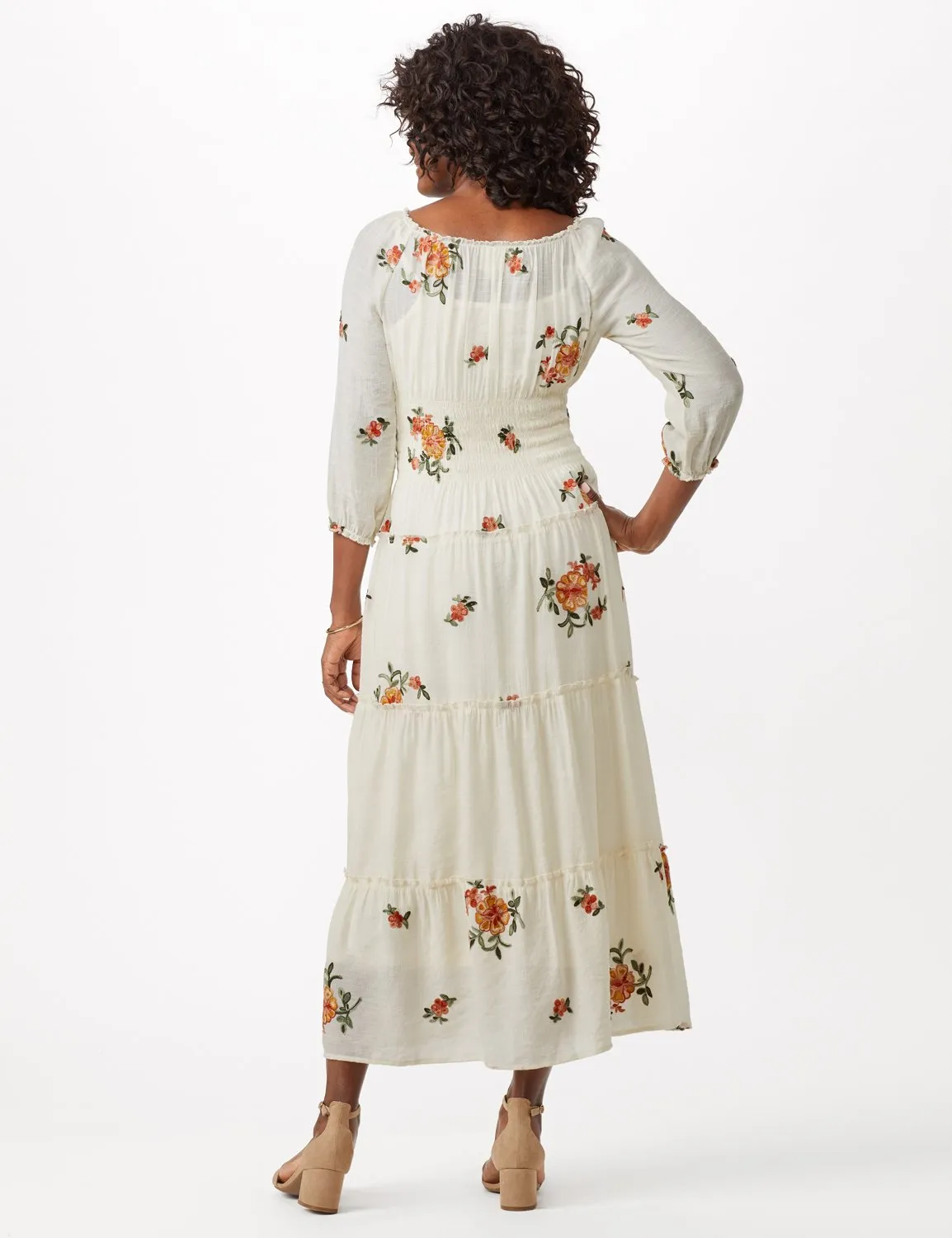 Embroidered Textured Peasant Dress