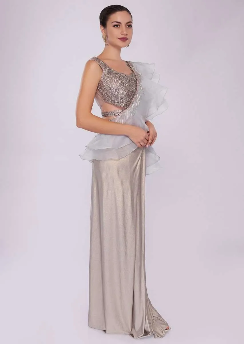 Grey Saree In Lycra With Draped Pleats And Ruffled Organza Pallo Online - Kalki Fashion