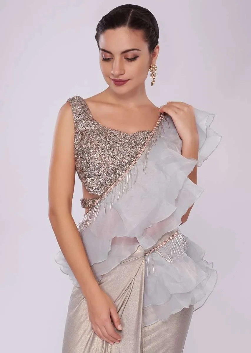 Grey Saree In Lycra With Draped Pleats And Ruffled Organza Pallo Online - Kalki Fashion