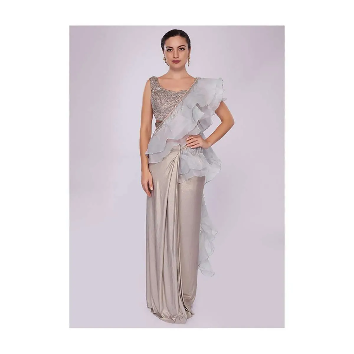 Grey Saree In Lycra With Draped Pleats And Ruffled Organza Pallo Online - Kalki Fashion
