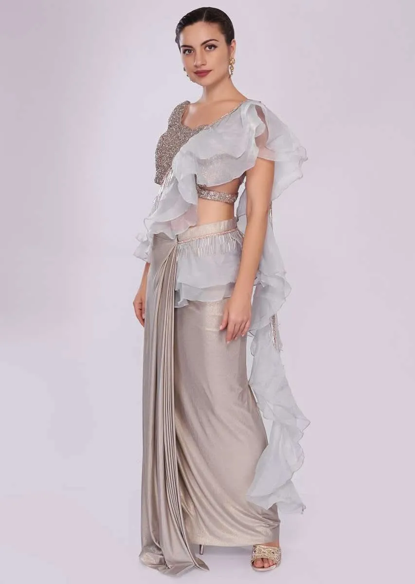 Grey Saree In Lycra With Draped Pleats And Ruffled Organza Pallo Online - Kalki Fashion