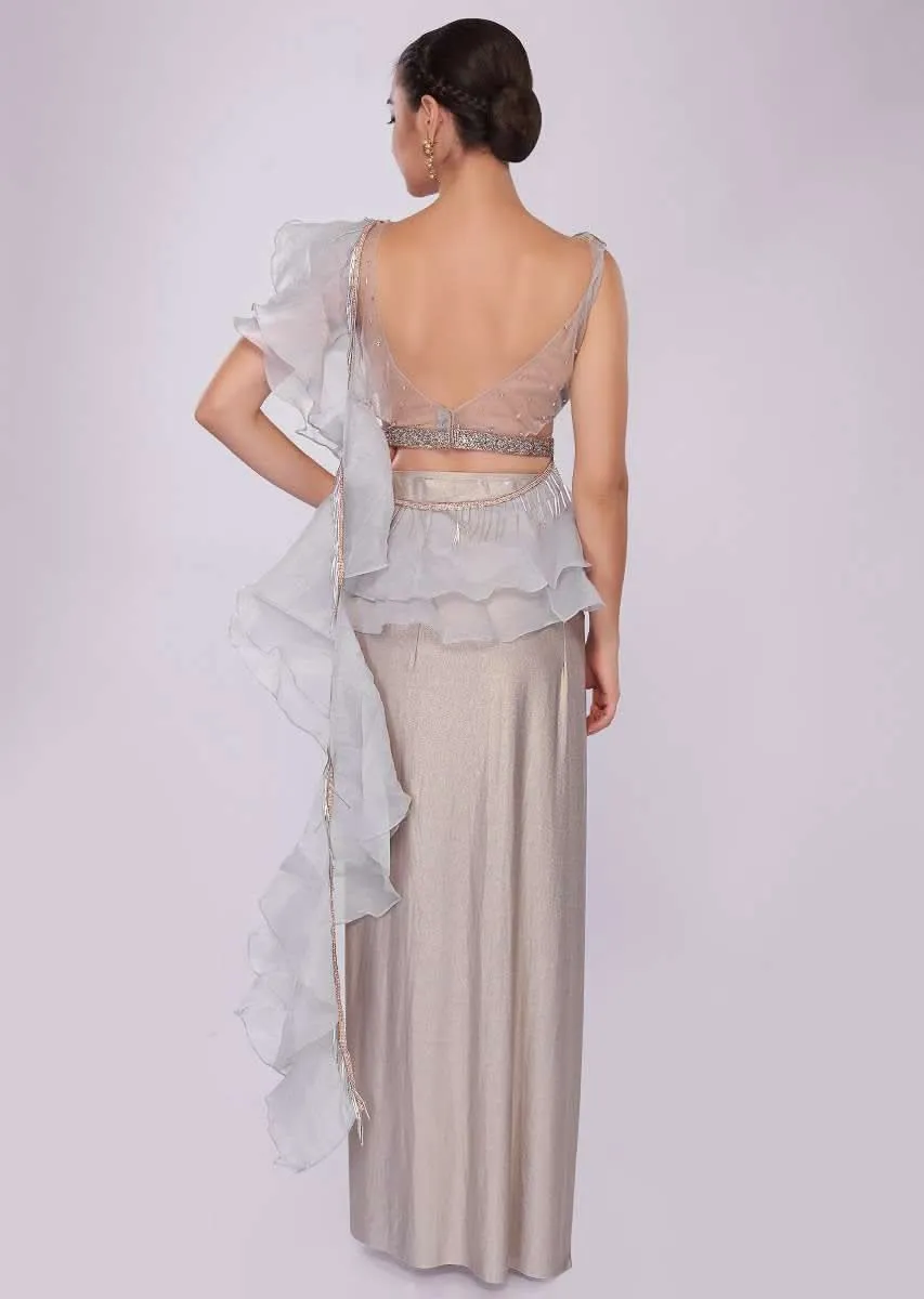 Grey Saree In Lycra With Draped Pleats And Ruffled Organza Pallo Online - Kalki Fashion