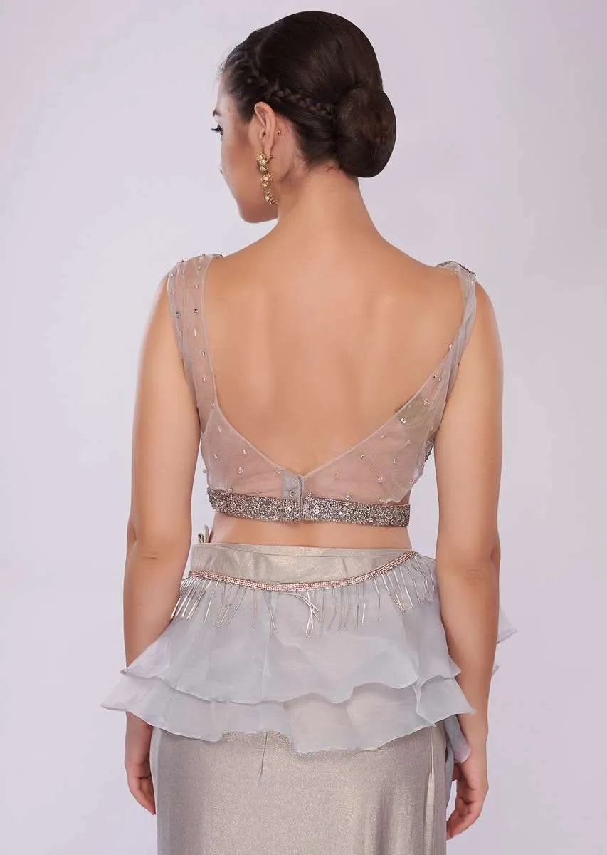 Grey Saree In Lycra With Draped Pleats And Ruffled Organza Pallo Online - Kalki Fashion