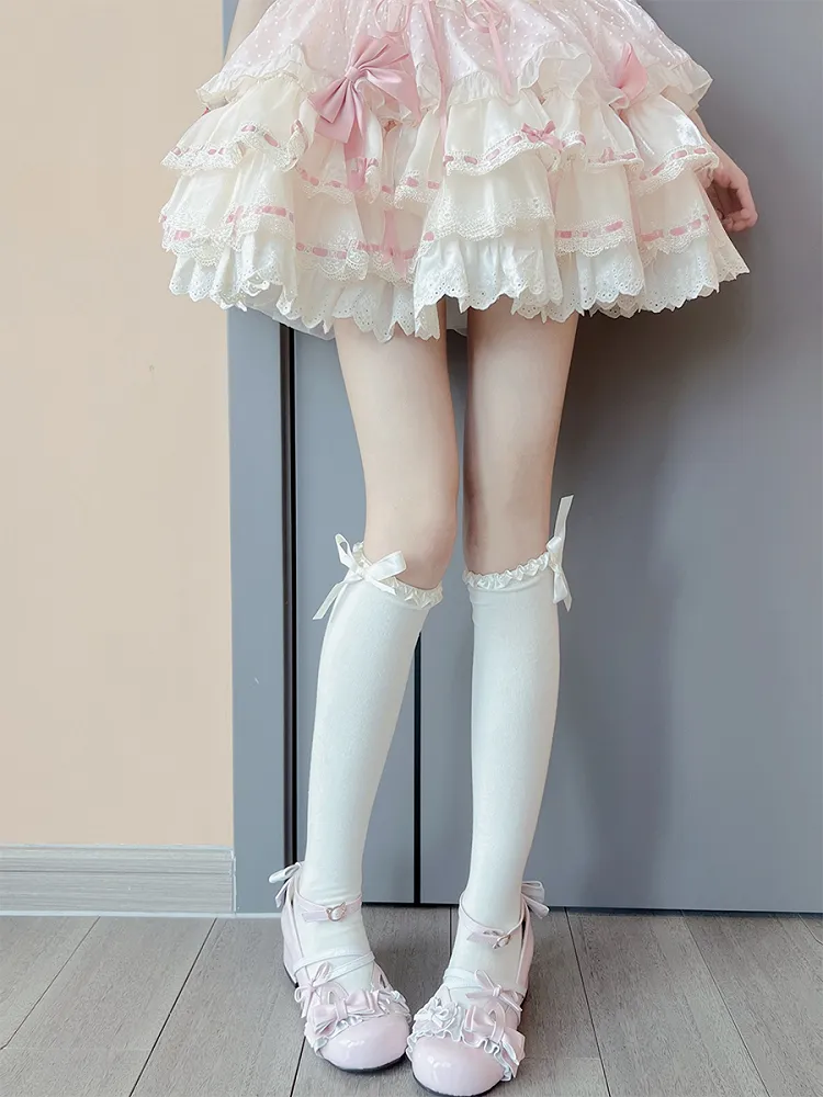 Milk White Sweet Ruffled Cuff Bowknot Underknee Stockings