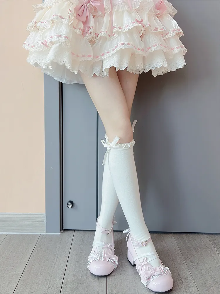 Milk White Sweet Ruffled Cuff Bowknot Underknee Stockings