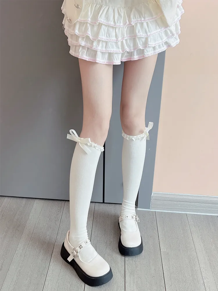 Milk White Sweet Ruffled Cuff Bowknot Underknee Stockings