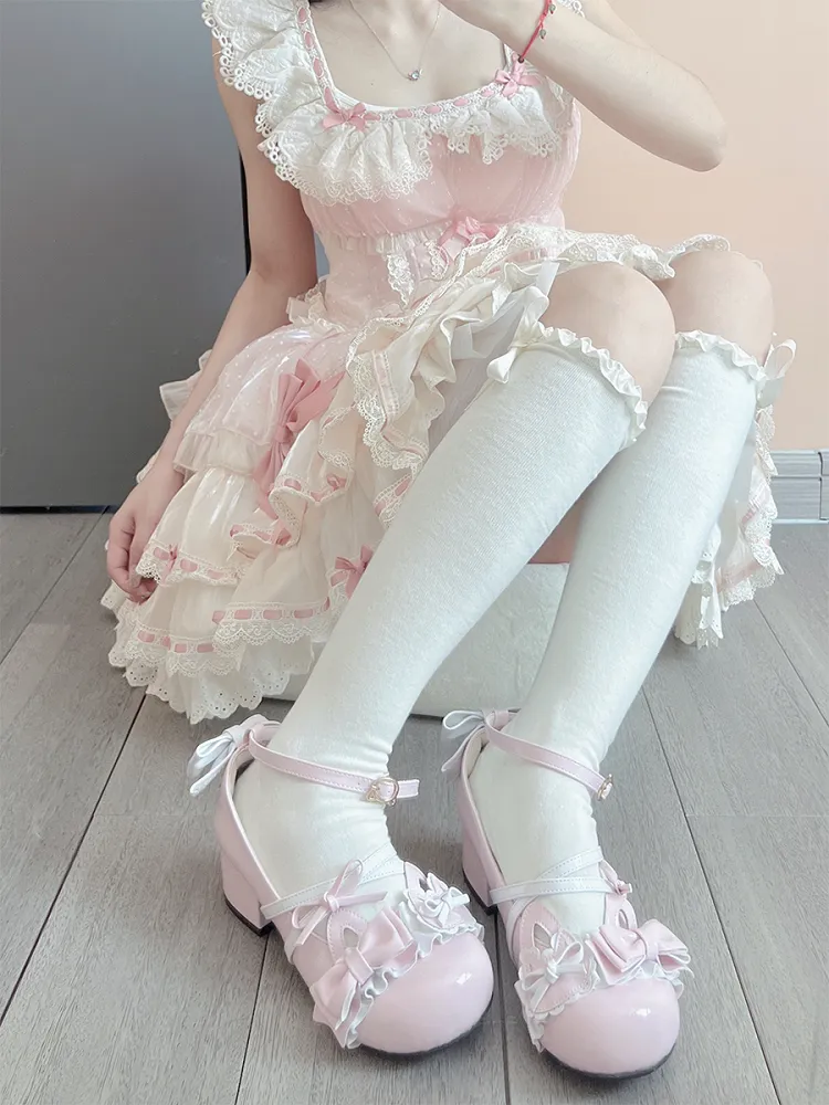 Milk White Sweet Ruffled Cuff Bowknot Underknee Stockings