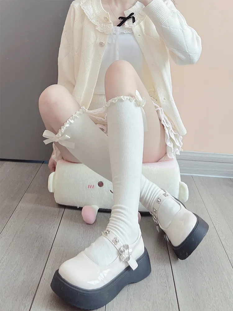 Milk White Sweet Ruffled Cuff Bowknot Underknee Stockings
