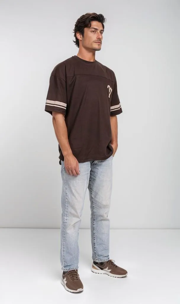 O204281 - Varsity-Inspired Striped Sleeve T-Shirt  Black