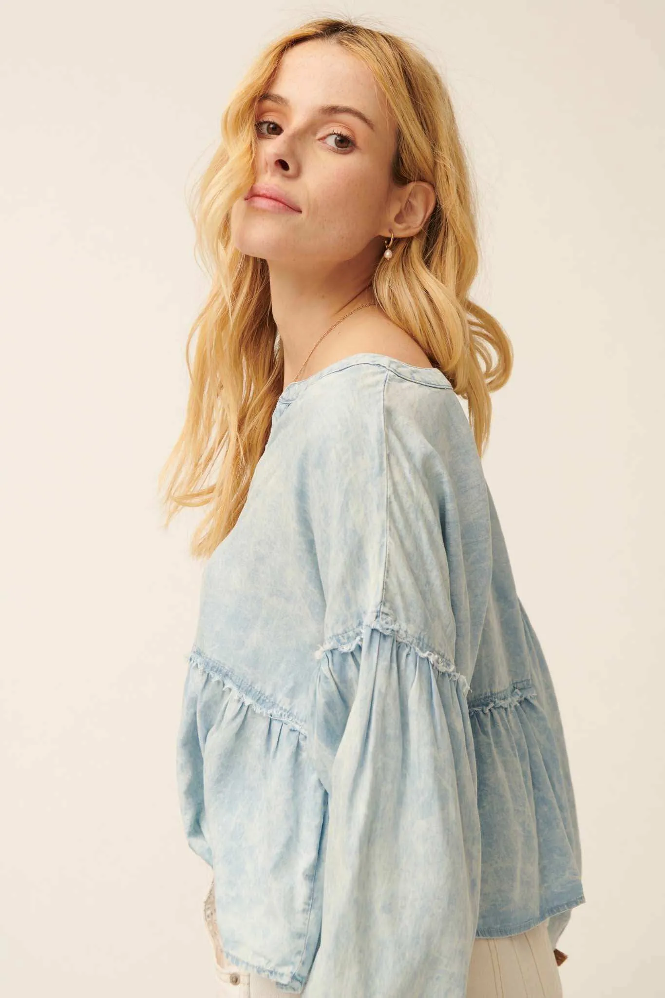 Perfect Skies Acid-Wash Denim Babydoll Top