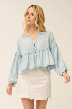 Perfect Skies Acid-Wash Denim Babydoll Top