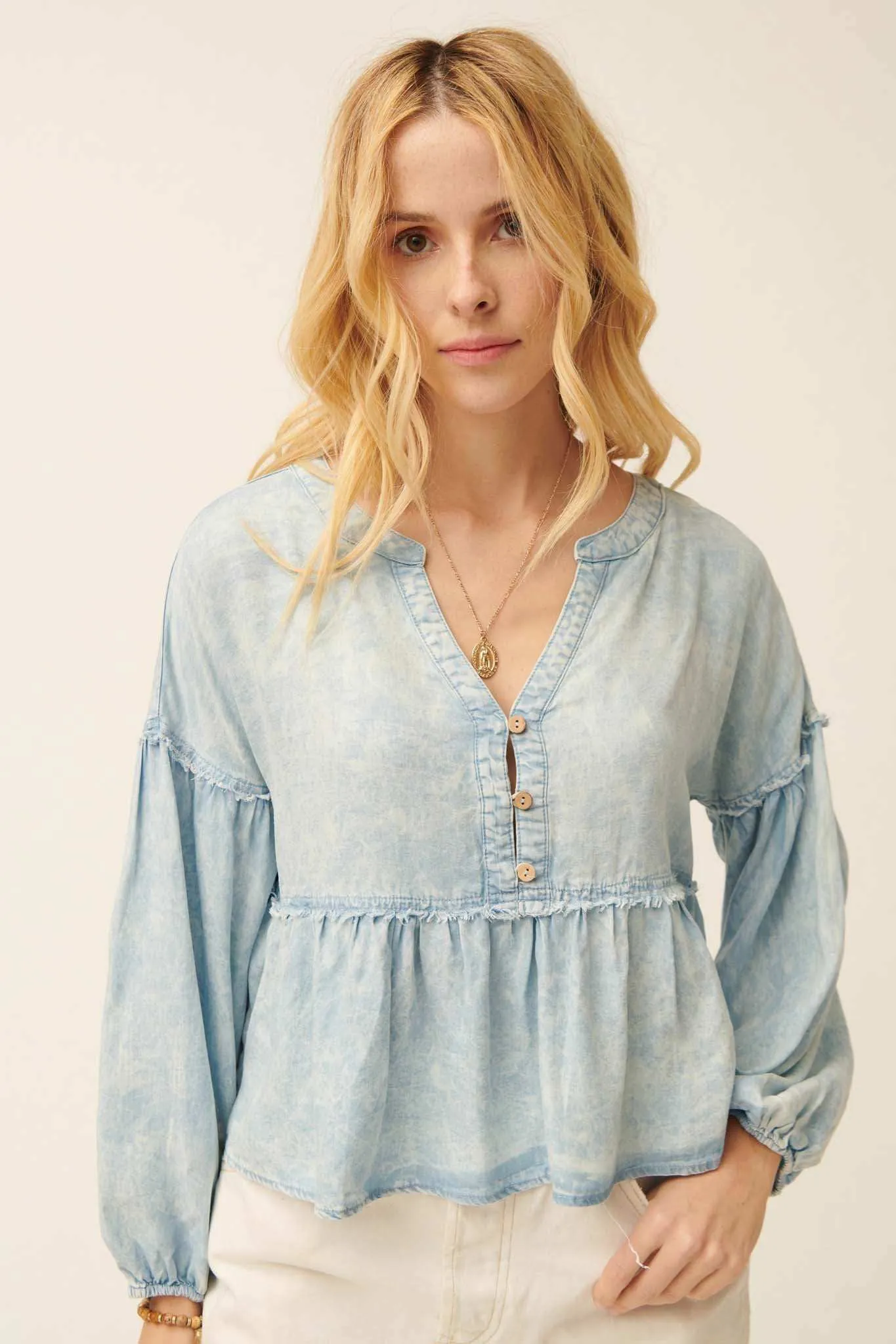 Perfect Skies Acid-Wash Denim Babydoll Top