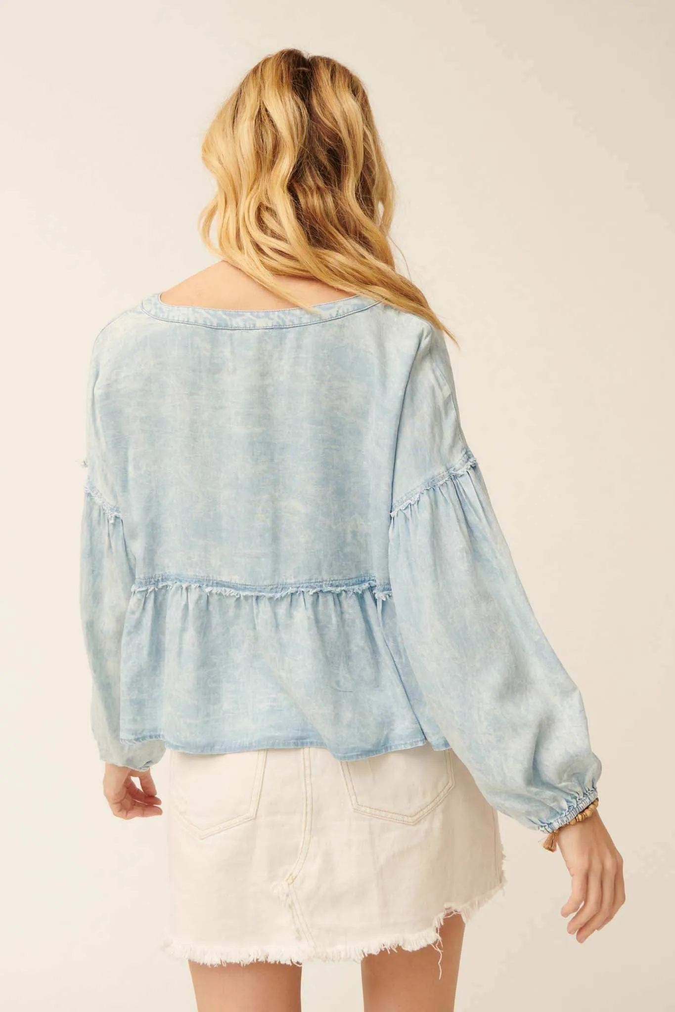 Perfect Skies Acid-Wash Denim Babydoll Top