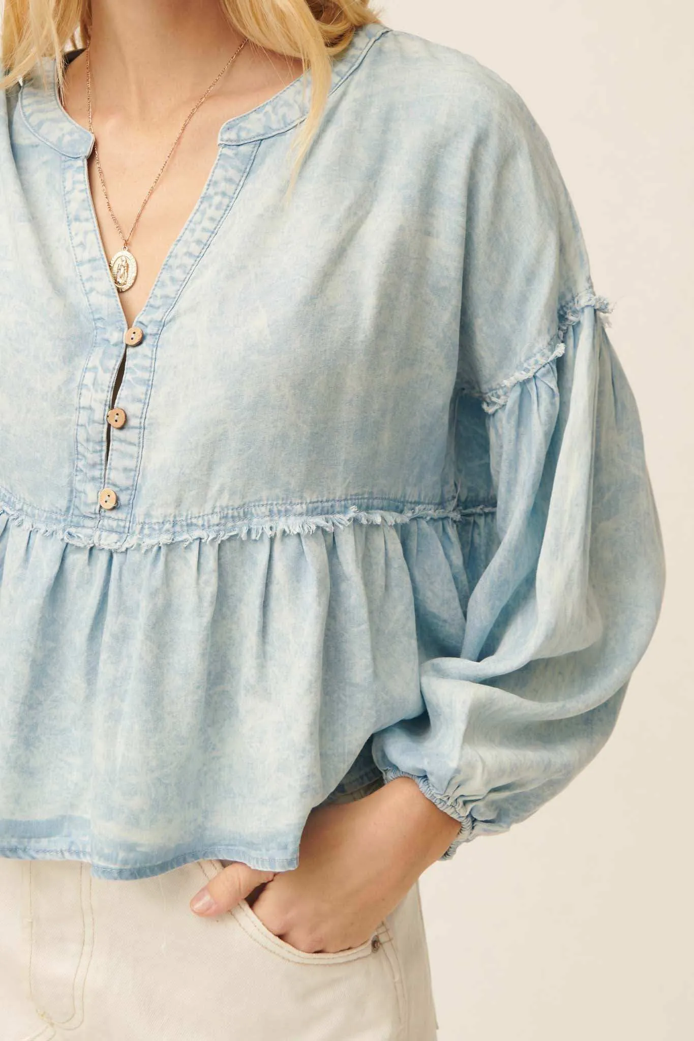 Perfect Skies Acid-Wash Denim Babydoll Top
