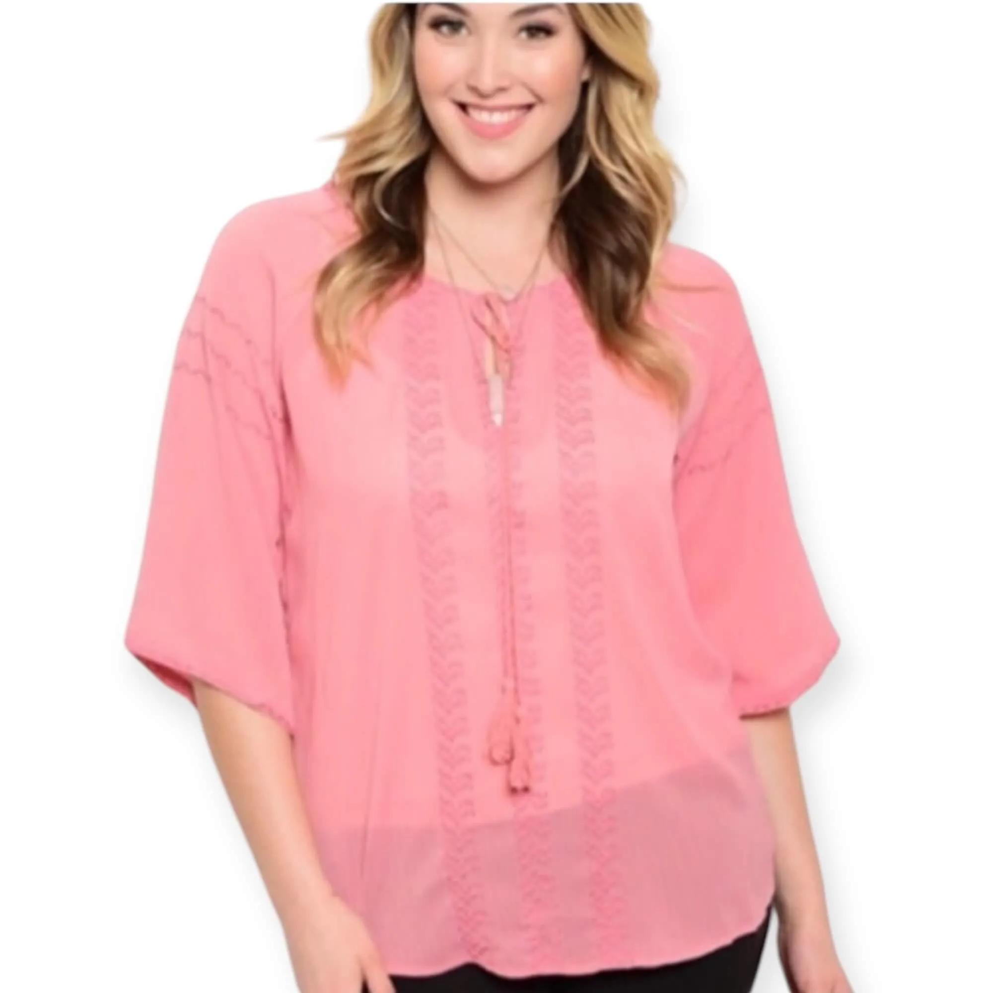 Pink Short Sleeve Embroidery Peasant Top