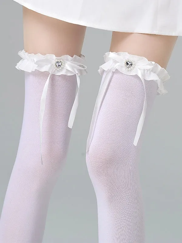 White Jirai Kei Heart-shaped Rhinestone Bowknot Ruffled Cuff Overknee Stockings
